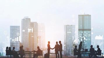 Business people in front of city skyline with business icons photo