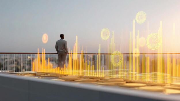 A man standing on a rooftop with a view of a city photo