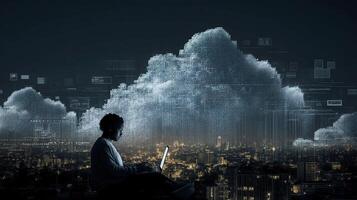Man sitting on the edge of the city with laptop in front of cloud photo