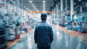 A man in a blue shirt and hat standing in a factory photo