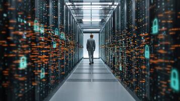A man walks through a data center with many servers photo