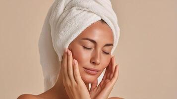 A woman with a towel on her head and hands photo