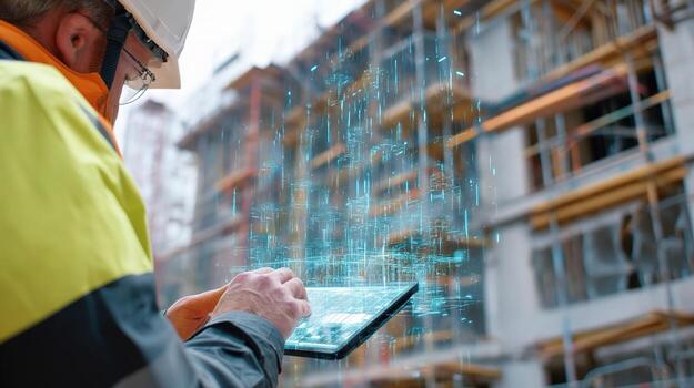 A man in a hard hat and safety vest is using a tablet computer photo