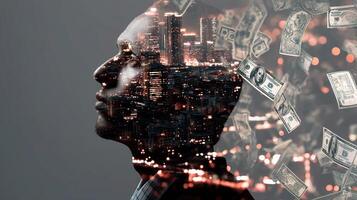 Double exposure of a man's head with money falling from the sky photo