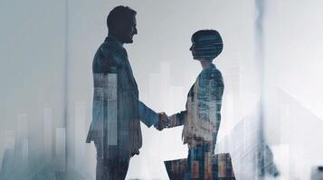 Business people shaking hands in front of a cityscape photo