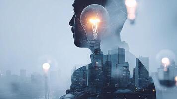 A man with a light bulb in his head and a city in the background photo