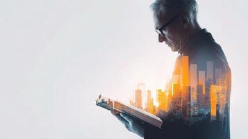 Man reading a book with cityscape in the background photo