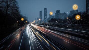 The city is lit up with bitcoin symbols photo