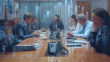 Business people sitting at a conference table with a digital image of graphs photo
