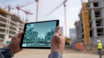 A person holding up a tablet with a construction site on the background photo