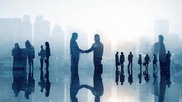 Silhouettes of business people shaking hands in front of city skyline photo