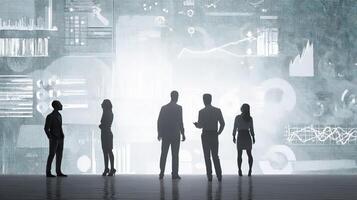 Silhouettes of business people standing in front of a wall with graphs photo