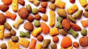 A variety of dog food treats are arranged on a white surface photo
