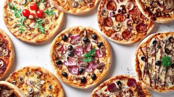 A group of pizzas arranged on a white surface photo