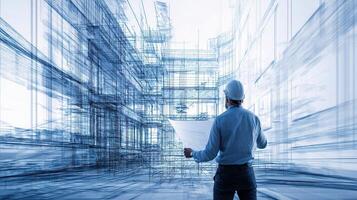 Architectural design concept with blueprints and man holding blueprint photo
