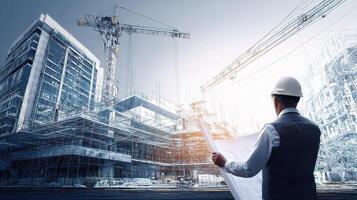 Architectural engineer holding blueprint and looking at construction site photo