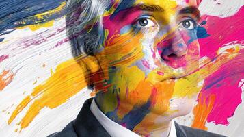 A man with paint splattered all over his face photo