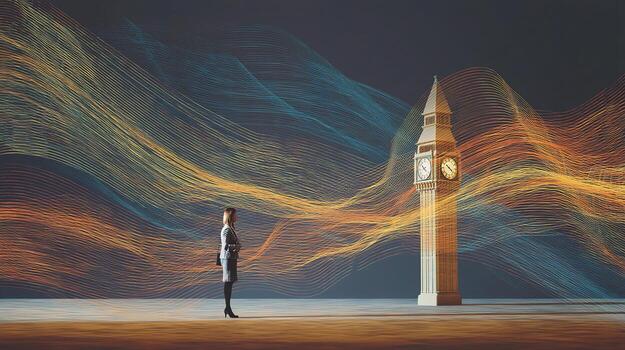 A woman standing in front of a clock tower photo