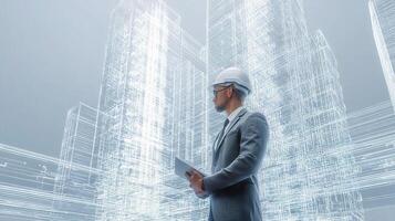 A man in a suit and hardhat standing in front of a building photo