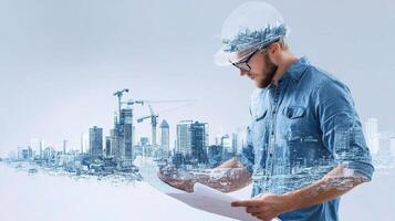 A man in a hard hat and glasses is holding a blueprint photo