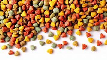 A pile of colorful dog food on a white surface photo