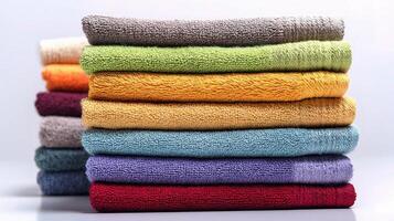 A stack of colorful towels on a white background photo