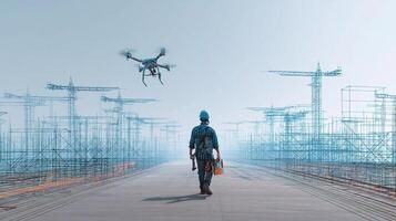 A man is walking on a construction site with a drone photo