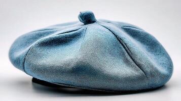 A blue beret hat sitting on a white surface photo
