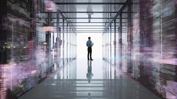 A man standing in a hallway with many data servers photo