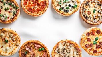 A group of different pizzas arranged in a circle photo