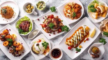 A variety of dishes on white plates photo
