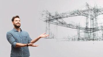 A man is standing in front of a drawing of a bridge photo