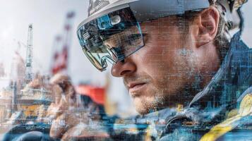 A man wearing a helmet and glasses looking at a city photo