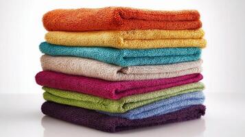 A stack of colorful towels on a white surface photo