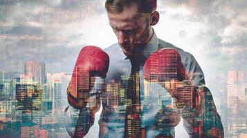 A man in a suit and tie is standing in front of a cityscape with boxing gloves on photo