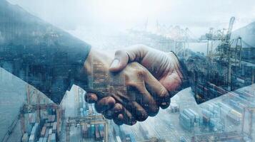 Business people shaking hands in front of shipping container photo