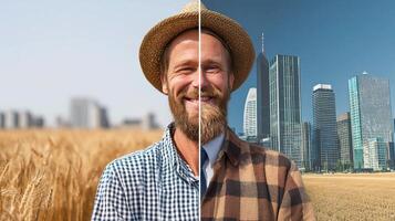 A man with a beard and hat in front of a wheat field photo