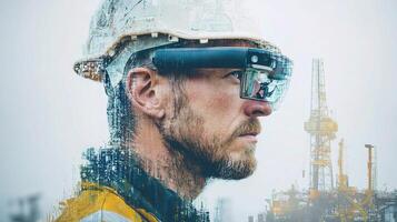 A man wearing a hard hat and glasses in front of an oil refinery photo