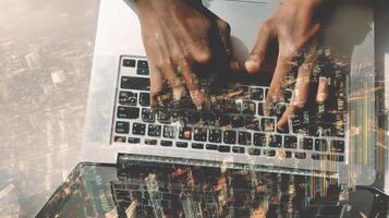 A person typing on a laptop computer with a city skyline in the background photo