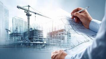 Architectural drawing of construction site with crane and building photo