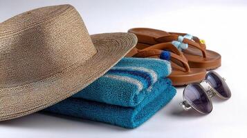 A hat, sunglasses, and a towel are on a white surface photo