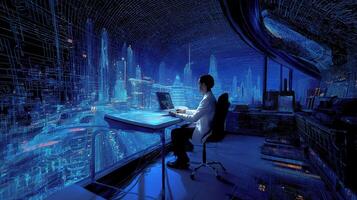 A man sitting at a desk in front of a computer screen photo
