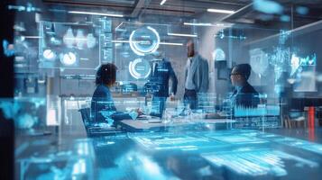 Business people in a meeting room with futuristic technology photo