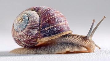 A snail is crawling on a white surface photo