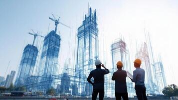 Three men in hard hats looking at a construction site photo