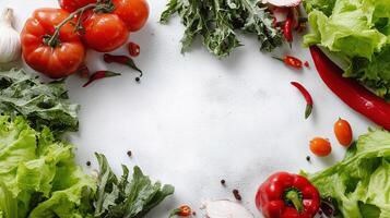 Fresh vegetables and herbs on a white background photo