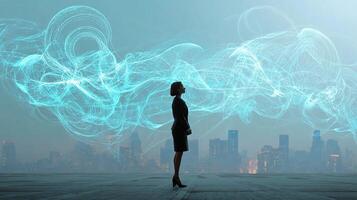 A woman standing in front of a cityscape with a blue smokey cloud photo