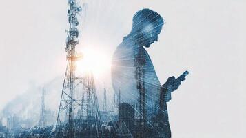 A man in silhouette standing in front of a cell tower photo