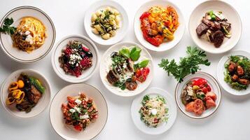 A variety of plates of food on a white surface photo