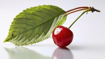 A cherry and a leaf on a white surface photo